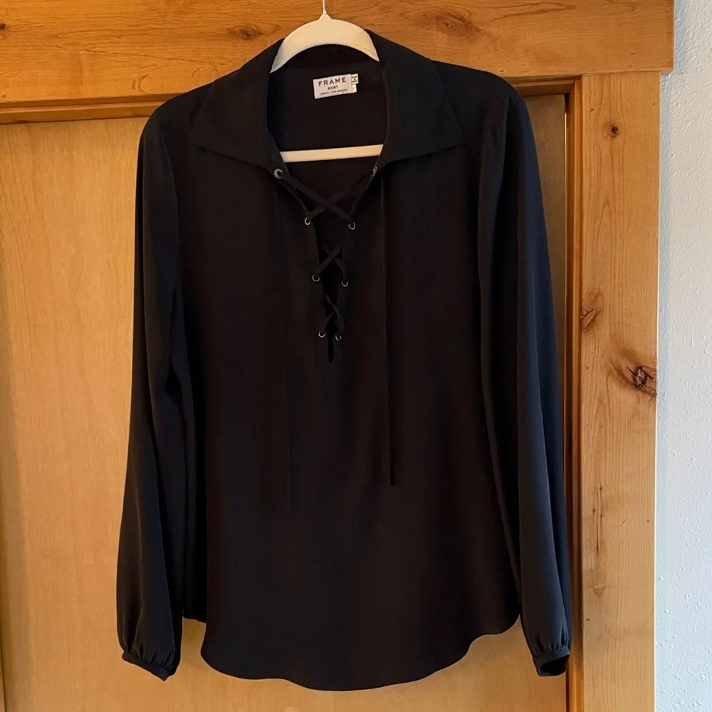 Frame Silk Women's Black Lace-Up Blouse - Picture 4 of 8